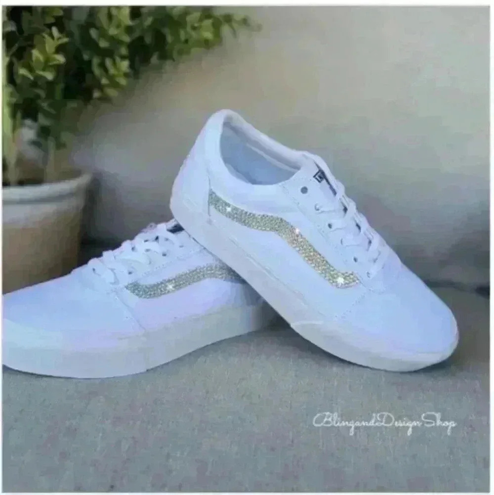 Vans Platform Old Skool White Sneakers Shoes Customized with Swarovski Crystals - Picture 4 of 9